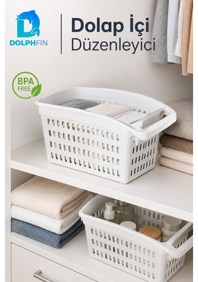 Dolap İçi Düzenleyici Sepet 33x17x15 Cm Saplı Çok Amaçlı Mutfak Banyo Organizeri Beyaz