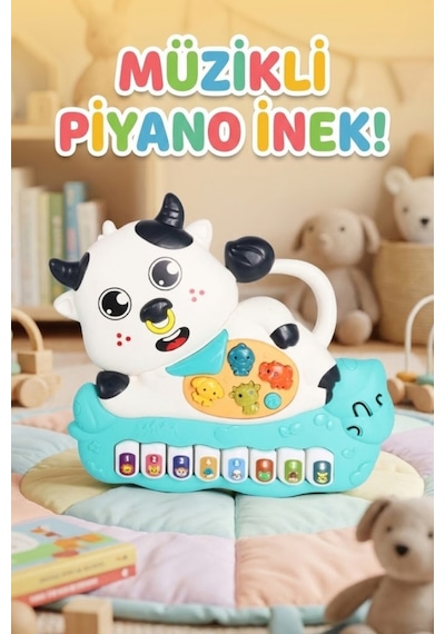 Eğitici Müzikli Ve Işıklı Sevimli İnek Piyano - Hayvan Sesli Fonksiyonel Bebek Gelişim Oyuncağı