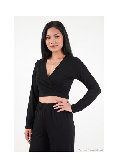Lela V Yaka Kruvaze Bağlamalı Crop Üst Ve Jogger Alt Pijama Takımı Kadın Pijama Takımı 65780019 Siyah