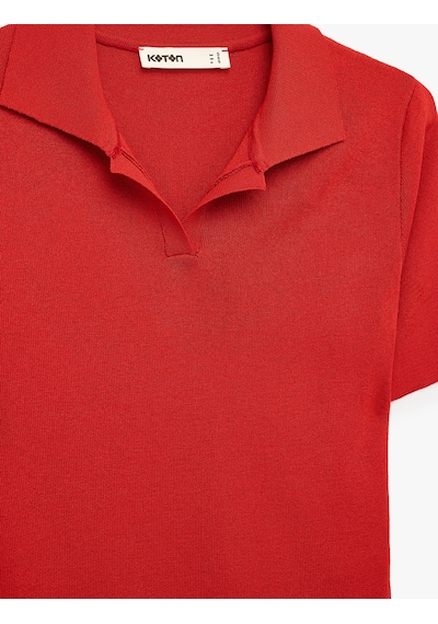 Koton Viskon Kumaş Polo Yaka Kısa Kollu Triko Kazak Kırmızı 6sak90217ht