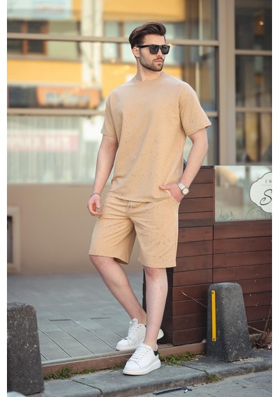 Madmext Bej Basic Erkek Şort T-shirt Takımı E7309