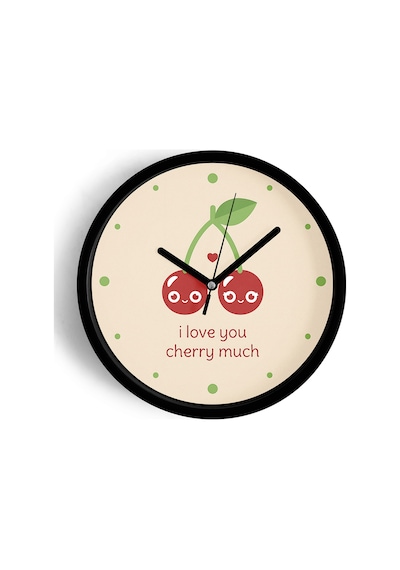 '' I Love You , Cherry Much '' Yazıllı Modern Tasarım Duvar Saati - 25cm - Önü Camlı Siyah Kasa-jh0381 Siyah