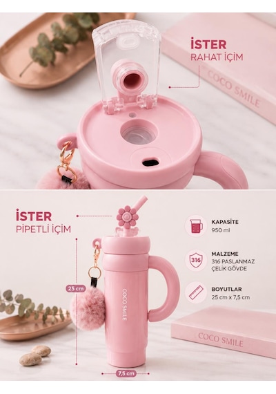Cocosmile Cs-8826 Pembe 950 Ml Çift İçim Paslanmaz Çelik Termos Mug