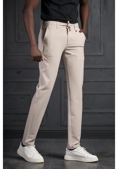 Perpant Slimfit Beli Lastikli Ve İplikli Likralı Gofre Kumaş Jogger Pantolon Krem
