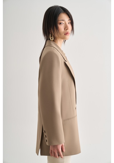 Mizalle Oversize Çift Yırtmaçlı Bej Blazer Ceket Bej