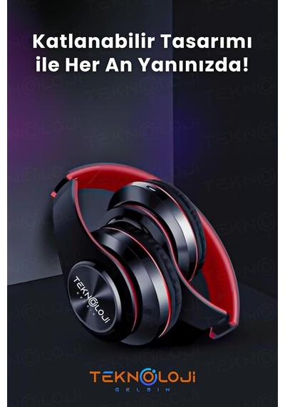 Kablosuz Kulaklık Bluetooth Mikrofonlu Kulaküstü Kulaklık Led Işıklı Katlanabilir Siyah-kırmızı