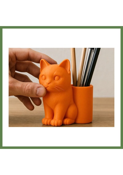 Bezos 3d Baskı Kedi Figürlü Kalemlik - Masaüstü Organizer - Turuncu Hb006