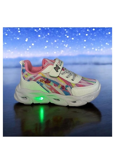 Adımist Çocuk Unisex Rahat Ortopedik Taban Işıklı Snakers Spor Ayakkabı Lento Işıklı Beyaz Pembe