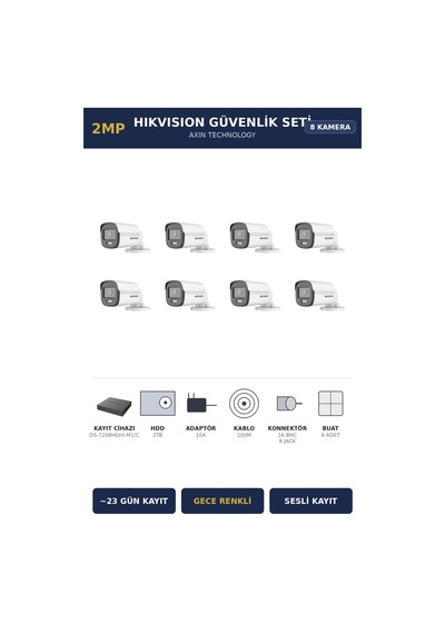 Hikvision 8 Kameralı 2mp Güvenlik Kamera Seti Colorvu Gece Renkli 2tb 23 Gün Kayıt Bullet Dış Mekan