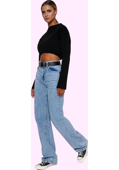 Ersefa Kadın Wide Leg Denim Pantolon Yüksek Bel Fonksiyonel Dayanıklı Ka Açık Mavi