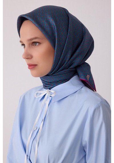 Belli Monogram Desen %100 Twill İpek Eşarp Be18 İndigo