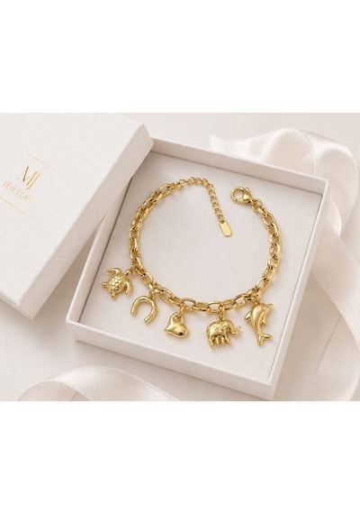 Cm Jewelry Yaz Temalı Charm Bileklik Gold Deniz Figürlü Zincir Bileklik Altın