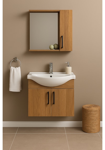Lacrime 65 Cm Ahşap Renkli Mdf, Oval Seramik Lavabolu, Alt Ve Üst Ahşap