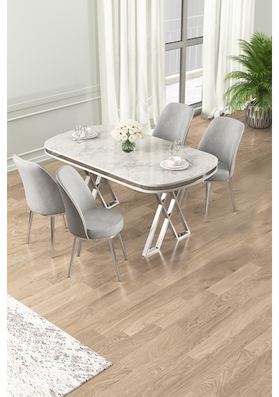 Canisa Lai Serisi 90x168 Lak Panel Beyaz Mermer Desen Masa Ve 4 Sandalye Krom Ayak Beyaz Mermer Desen Masa Gri Sandalye Canisa Lai Serisi 90x168 Lak Panel Beyaz Mermer Desen Masa Ve 4 Sandalye Krom Ayak Beyaz Mermer Desen Masa Gri Sandalye