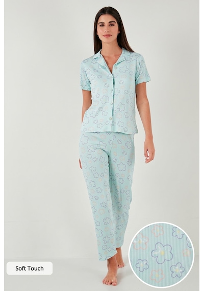 Lela Regular Fit Gömlek Yaka Kısa Kollu Bayan Pijama Takımı 65780124 Su Yeşili