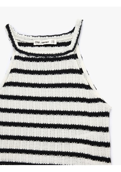 Koton Halter Yaka Kolsuz Kroşe Crop Bluz Siyah Çizgili 6sal30035ık