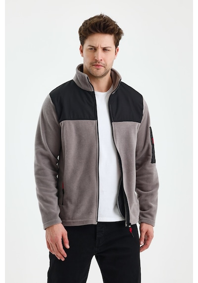 Monox Erkek Tam Fermuarlı Parçalı Spor Polar Ceket Gri