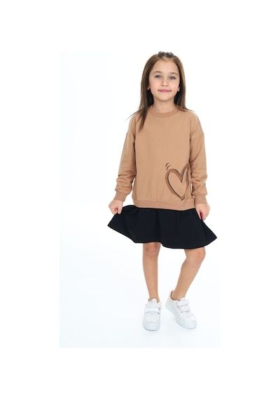 Toontoy Kız Çocuk Eteği Kadife Kalp Baskılı Elbise Kahverengi