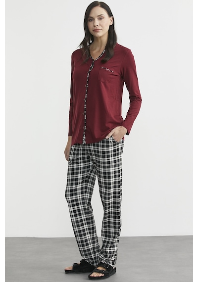 Sementa Ekose Kombinli Düğmeli Pijama Takım - Bordo Bordo