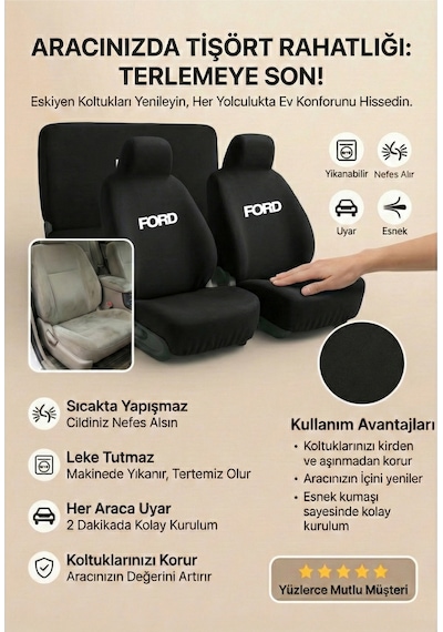 Ford Tourneo Courier İle Uyumlu Koltuk Kılıfı Servis Tipi Siyah Penye Kumaş Siyah