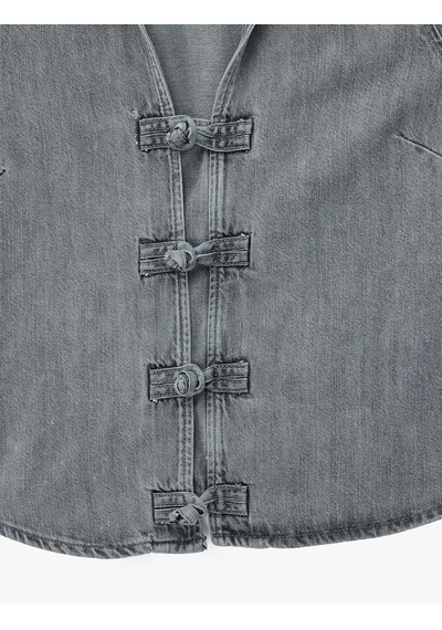 Koton Rahat Kalıp Kısa Kollu Napolyon Kapama Detaylı Denim Bluz Gri 7wal30009md