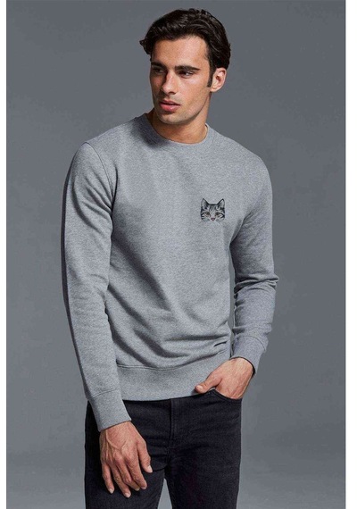 Kedi Yavru Kedi Sevimli Kedi Göğüs Baskılı Gri Erkek Örme Sweat