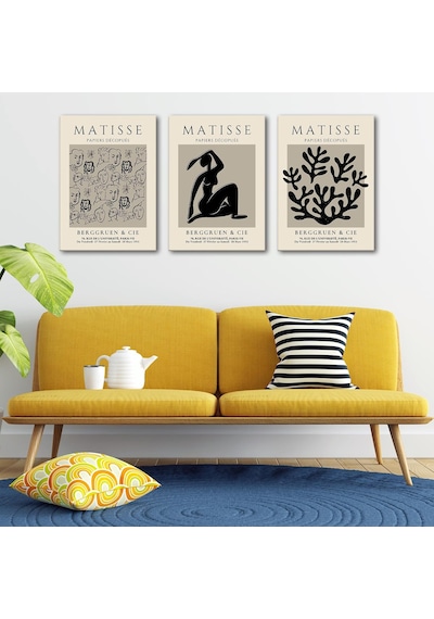 Henri Matisse 3'lü Kanvas Tablo Seti - Vizon Siyah Soyut Yüz Ve Figür Çizimli Modern Duvar Tablosu Seti, 35x50 Cm Genel