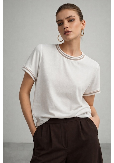 Kadın Beyaz Bisiklet Triko Yaka Kısa Kollu Basic T-shirt Beyaz