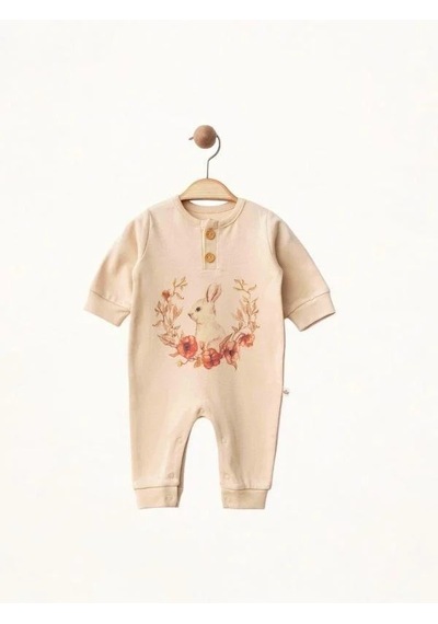 Zekids Bebek Tavşan Desenli Organik Tulum-15478 Krem