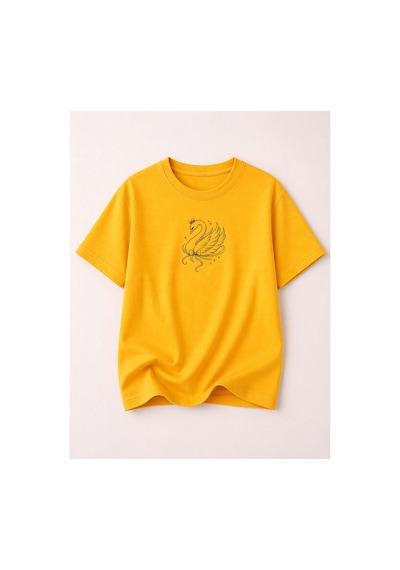 Herkesemoda Kuğu Baskılı Kadın Bisiklet Yaka Pamuklu T-shirt Sarı