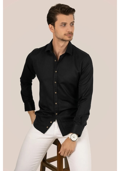 Siyah Kahve Düğmeli Slimfit Hediye Kutulu Erkek Gömlek Siyah