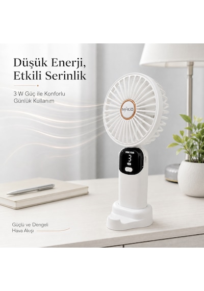 Mkio Şarjlı El Vantilatörü 5 Kademeli, Katlanabilir Dijital Ekranlı Mini El Fanı, 1200 Mah, 5 Pervaneli Güçlü Hava Akışı, Standlı Masaüstü Fan, Usb Şarjlı -beyaz