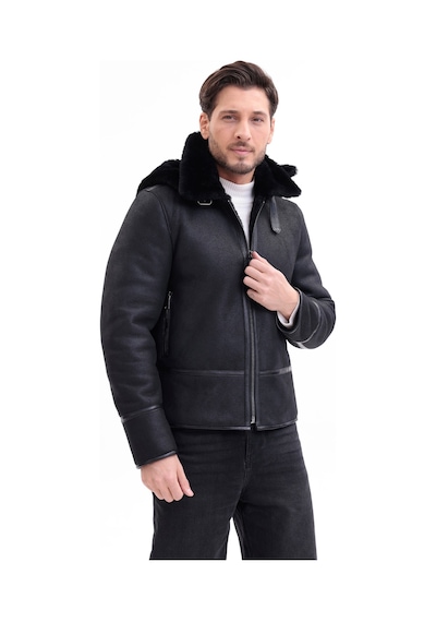 M M Marki Marki Hakiki Deri Erkek Mont Siyah İçi Kürklü Çıkma Kapüşonlu Fermuarlı 70 Cm - 507722