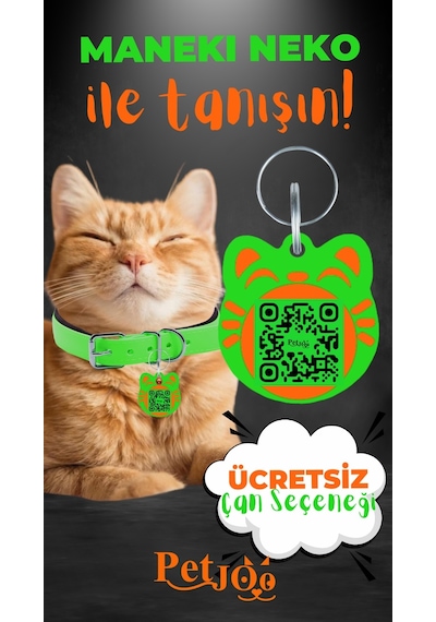 Petjoo 4.Maneki Neko Turuncu-Yeşil Qr'lı Kedi Künyesi