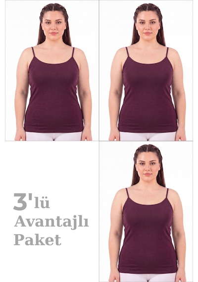 Arma Yıldız Kadın Büyük Beden İp Askılı Atlet Pamuklu Likralı Yumuşak Esnek Kumaş 3'lü Paket Mürdüm-3
