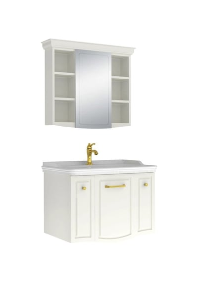 Kale Arte+ 80 Cm Parlak Beyaz Banyo Dolabı Takımı Altın Kulp