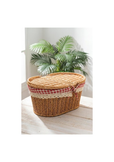 Digithome Kapaklı Rattan Vintage Dantelli Oval Piknik Sepeti -9t13 U/5 Kahverengi