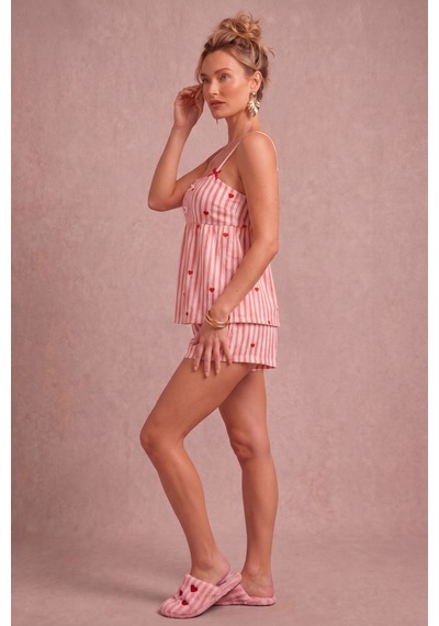 Bella Notte Pembe Kadın Çizgili Kalp Desenli Askılı Şortlu Pijama Takımı