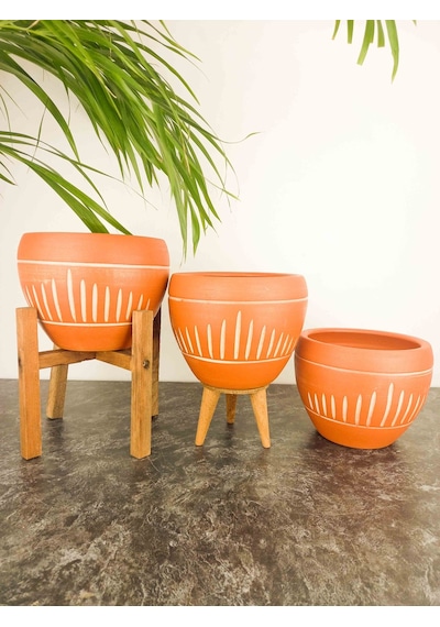 BİTKİ TASARIMI EV DEKORASYON DİK ÇİZGİ DESENLİ TERRAKOTA TOPRAK SAKSI SAKSILIK SALON ÇİÇEKLİK ÜÇLÜ SET - 15 CM