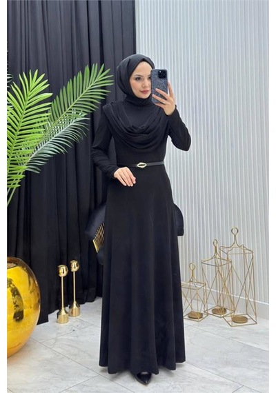 Neşeli Butik Kadın Siyah Sandy Kumaş Degaje Yaka Kemer Detaylı Tesettür Elbise---- Nms096