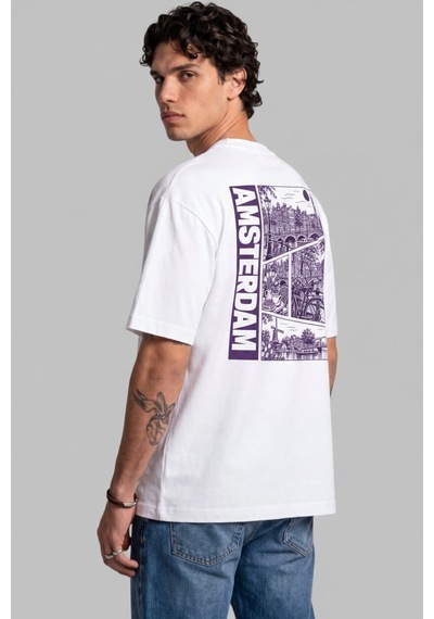 Black Nova Oversize Baskılı Unisex Tişört Amsterdam Stamp Beyaz