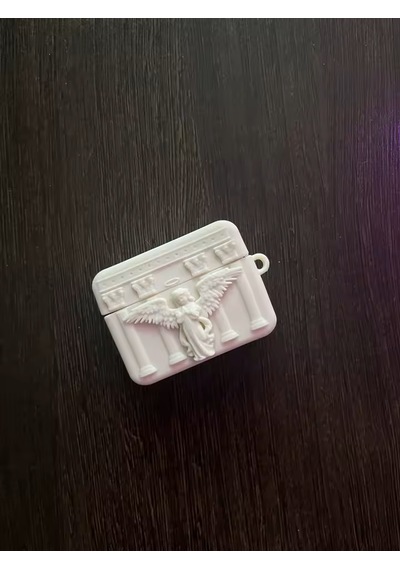 Apple Uyumlu AirPods Pro 3 2025 Kulaklık Melek Figürlü Silikon Kılıf + Kanca Krem