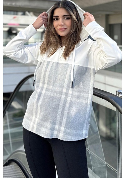 Kadın Ekru & Gri Ekose Garnili, Rahat Kesim, Kapüşonlu İki İplik Sweatshirt Gri