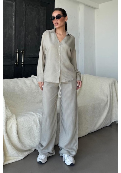 Madmext Boyalı Gri Uzun Kollu Çizgili Gömlek Pantolon İkili Takım Mg2329 Boyalı Gri
