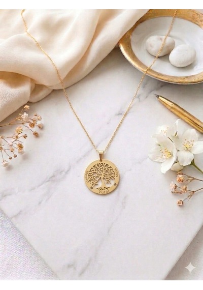 925 Ayar Gümüş Altın İşçilik Kişiye Özel İsimli Tuğba Hayat Ağacı Aile Kolye.rose.gold.rodaj