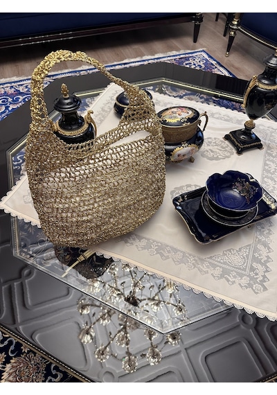 Handmade Çanta /el Örgüsü Omuz Çantası / Metalik Ip Parlak Simli Dore / Altın Renk File Çanta Altın