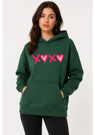 Herkesemoda Xoxo Baskılı Kapüşonlu 2 İplik Şardonlu Sweatshirt Yeşil