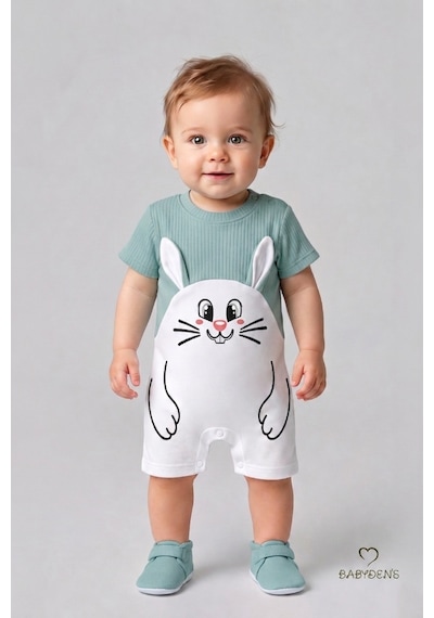 Babyden's Tavşan Baskılı Şortlu Erkek Bebek Tulum %100 Pamuk Yazlık Kısa Kollu Çıtçıtlı Yenidoğan Bebek Tulumu 0-9 Ay Açık Haki