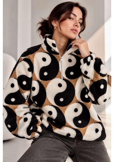 Bbbutikbasic Dik Yaka Yarım Fermuarlı Desenli Polar Sweatshirt My3535 Denge