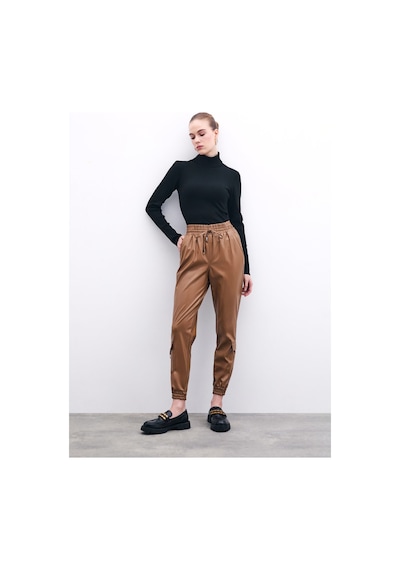 Sateen Bel Lastikli Deri Jogger Pantolon - Bej-135876 Bej